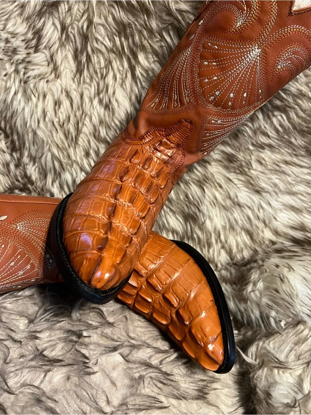 Men's ESPOLON Exotic CAIMAN PRINT & Leather Western Boots in Cognac Brown Sz 6